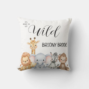 Jungle Safari "It's About To Get Wild" Baby Shower Throw Pillow