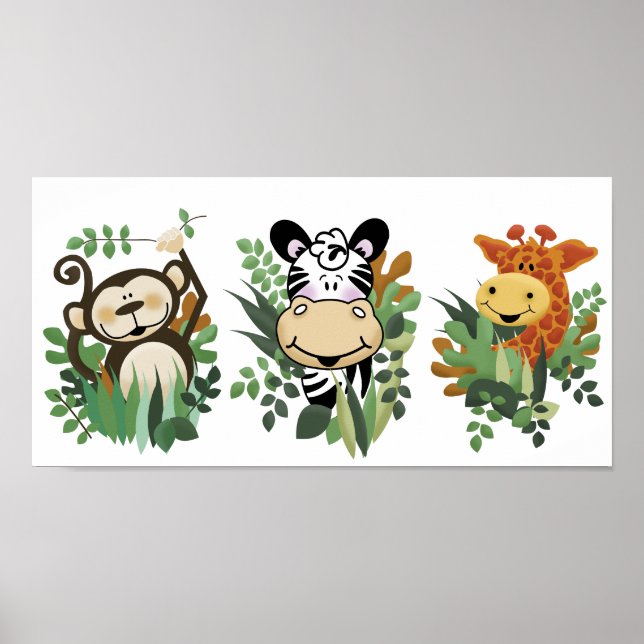 JUNGLE SAFARI MONKEY, ZEBRA & GIRAFFE ART POSTER (Front)