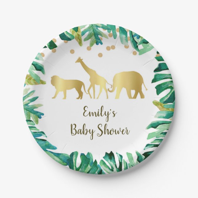Jungle safari paper plate baby shower green gold (Front)