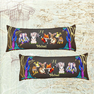 Jungle Safari Peacock Elephant Hare Rhino Monogram Body Pillow