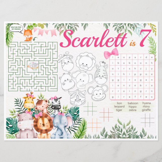 Jungle Safari Placemats, Safari activity sheet (Front)