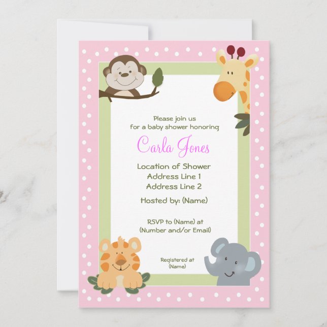 Jungle Safari rose 5x7 Invitations de douche bébé (Devant)