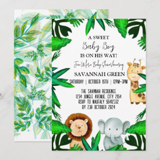 Jungle Safari Tropical Animal Wild Boy Baby Shower Invitation