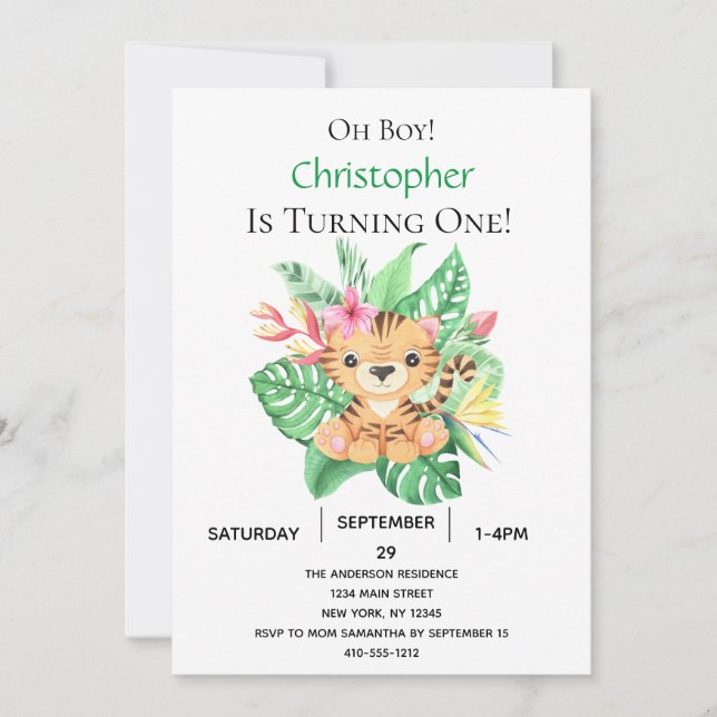 Jungle Safari Tropical Tiger 1st Birthday Invitation (Front)