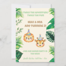 Jungle Safari Twins Boy Girl Birthday Invitation  