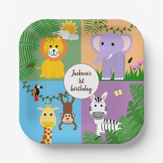 Jungle Safari Wild Animal Kids Birthday Colourful Paper Plate (Front)