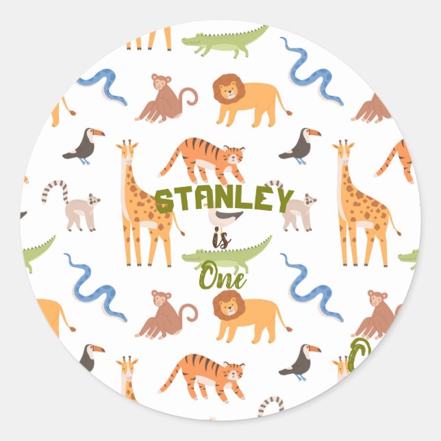 Jungle Safari Wild Animals Personalized Birthday Classic Round Sticker (Front)