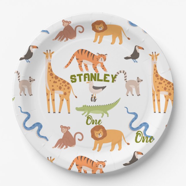 Jungle Safari Wild Animals Personalized Birthday Paper Plate (Front)