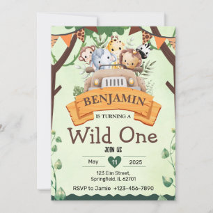Jungle Safari Wild One Birthday Invitation Card