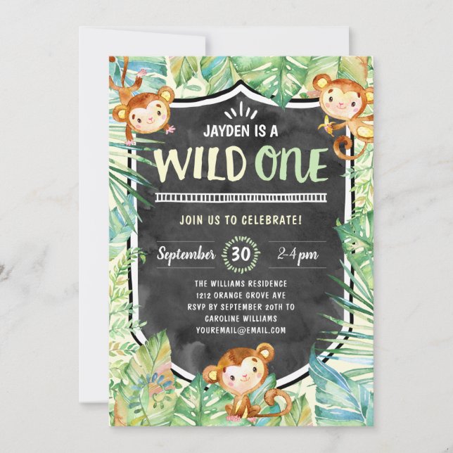Jungle Safari Wild One First Birthday Party Invitation (Front)