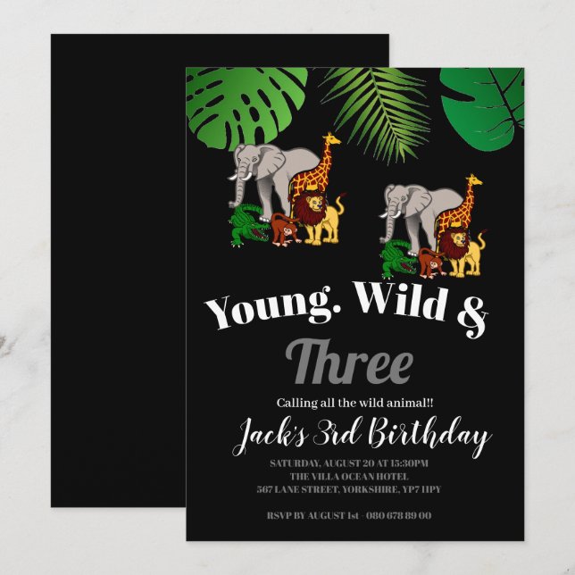 Jungle Safari Young Wild & Three 3rd birthday  Invitation (Front/Back)