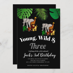 Jungle Safari Young Wild & Three 3rd birthday  Invitation