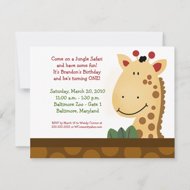 JUNGLE SAFARI Zanzibar Giraffe Zoo Birthday 4x5 Invitation (Front)