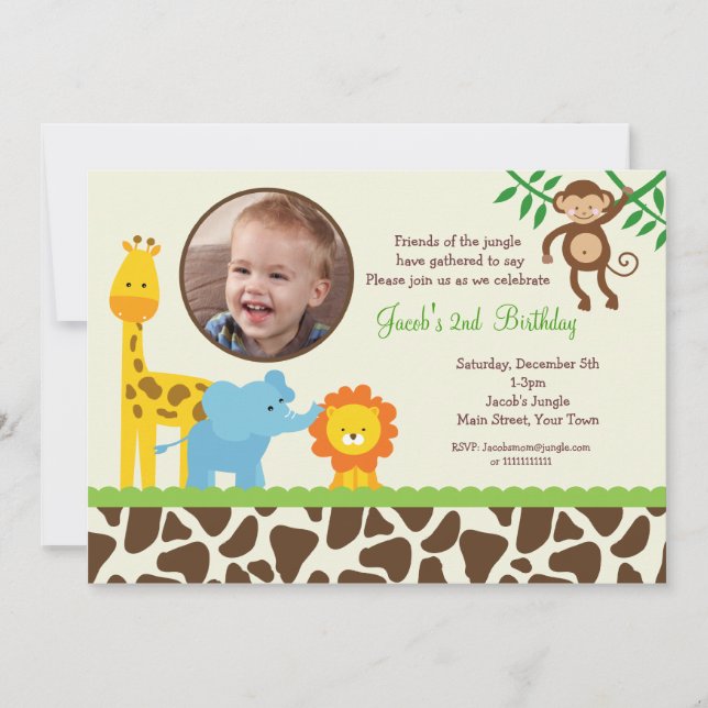 Jungle Safari Zoo Photo Birthday Invitations (Front)