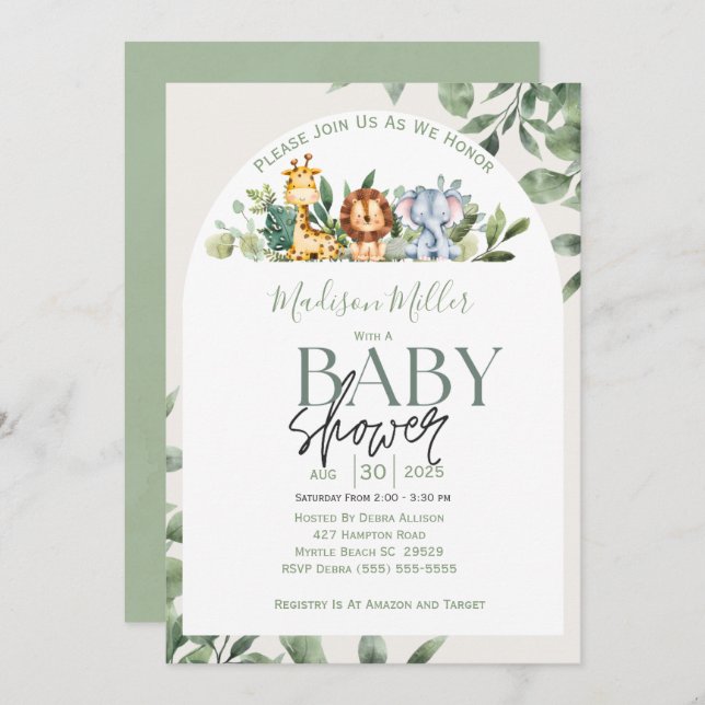 Jungle Sarfari Animals Green Leaves Baby Shower   Invitation (Front/Back)