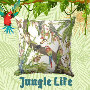 Jungle Scene Tropical Birds, Critters, Foliage  Throw Pillow