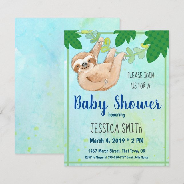 Jungle Sloth Baby Shower Party Invitation (Front/Back)