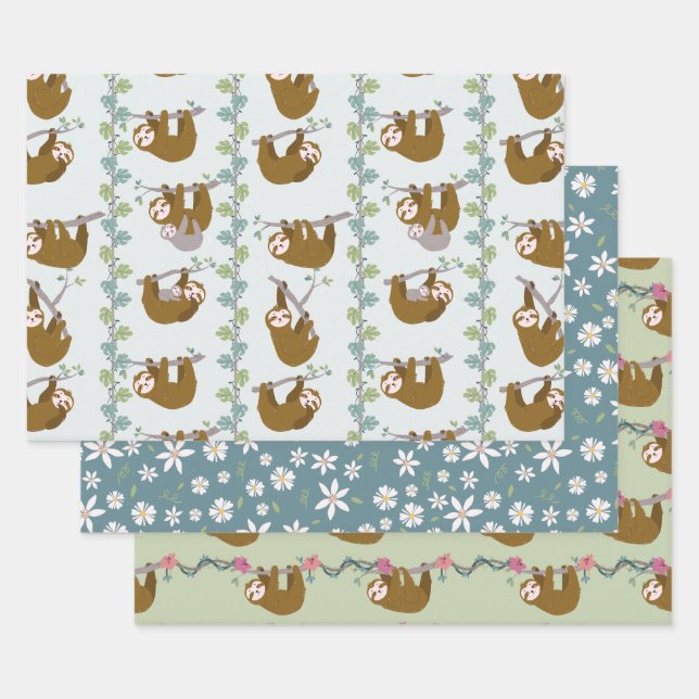Jungle Sloths Tropical Vines Wrapping Paper Sheet (Set)