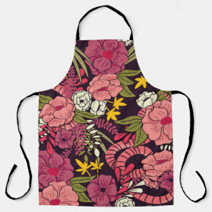 Jungle snakes, tropical flowers, vintage pattern. apron