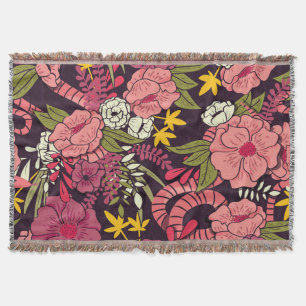 Jungle snakes, tropical flowers, vintage pattern. throw blanket