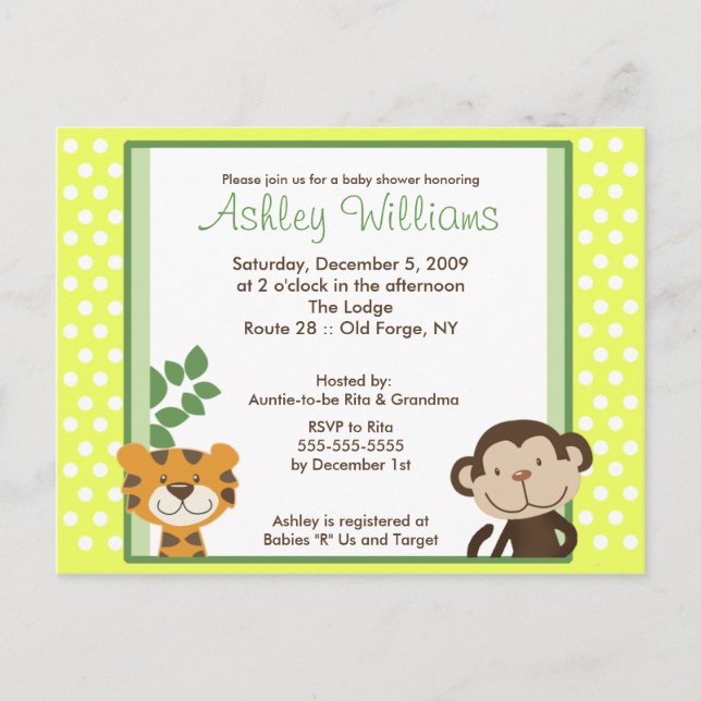 JUNGLE TALES JAUNE Baby shower Carte postale invit (Devant)