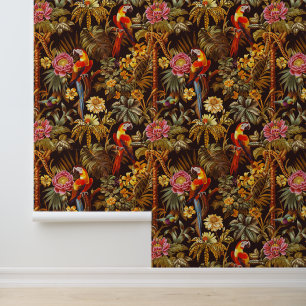 Jungle Theme Indian Style Parrot Tiger Flower Wallpaper