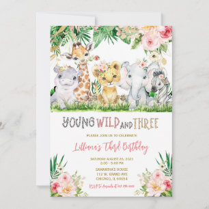  Jungle Three Girl Birthday Party Invitation