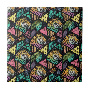Jungle Tiger Neon Pop Art Geometric Animal Pattern Tile