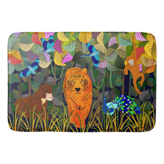 Jungle Tiger Sun Bear Peacock Monkey Indian Roller Bath Mat (Front)