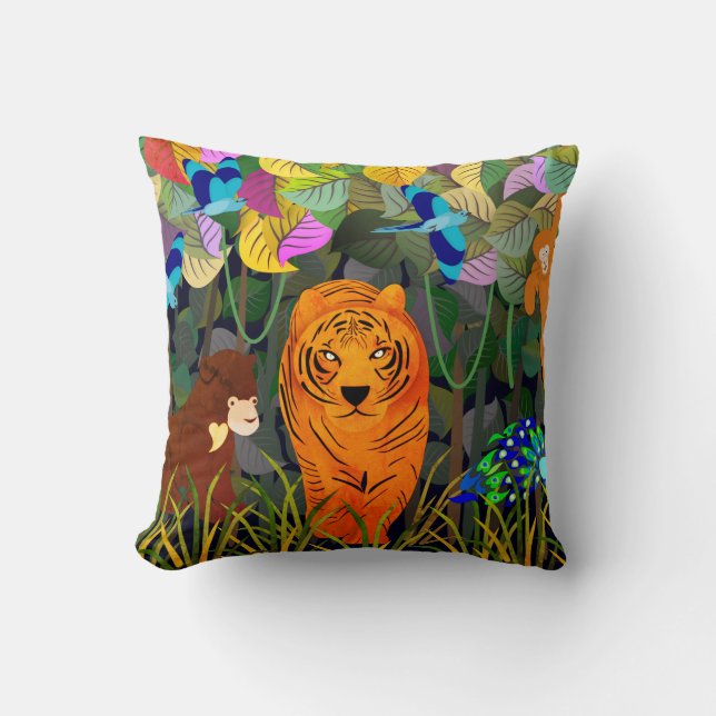 Jungle Tiger Sun Bear Peacock Monkey Indian Roller Throw Pillow (Front)