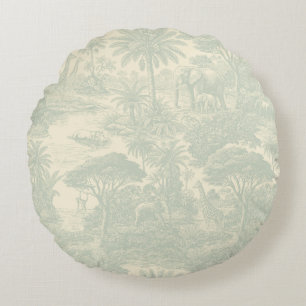 Jungle Toile Pattern Tropical Scenic Design Round Pillow