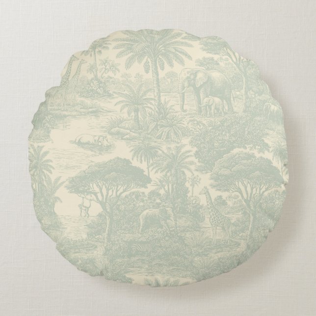 Jungle Toile Pattern Tropical Scenic Design Round Pillow (Front)