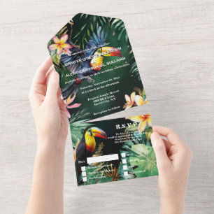 Jungle toucan bird watercolor frangipani monstera all in one invitation
