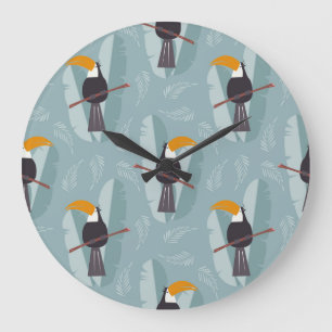 Jungle toucan, seamless blue background. large clock