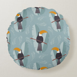 Jungle toucan, seamless blue background. round pillow