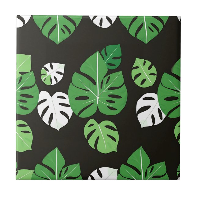 Jungle Tropical Monstera Leaves Black Background  Tile (Front)