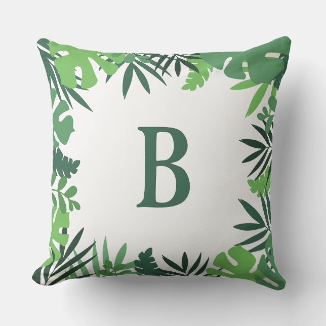 Jungle tropical palm leaves green monogram outdoor pillow (Front)