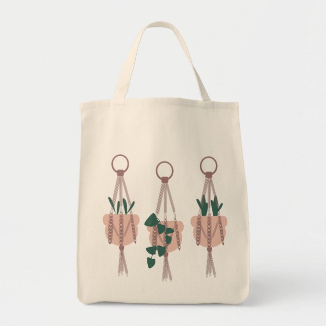 Jungle Tropical Plants Macrame Hanger Illustration Tote Bag (Front)