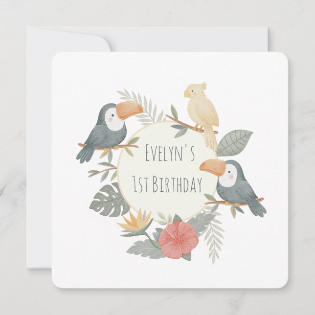 Jungle Tropical Toucan First Birthday Personalized Invitation (Front)