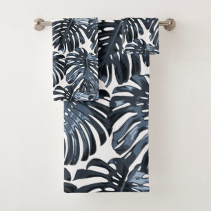 Jungle tropicale Feuilles Bleu foncé Blanc moderne