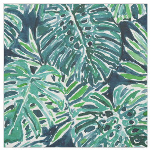 JUNGLE VIBES Green Navy Tropical Monstera Leaves Fabric