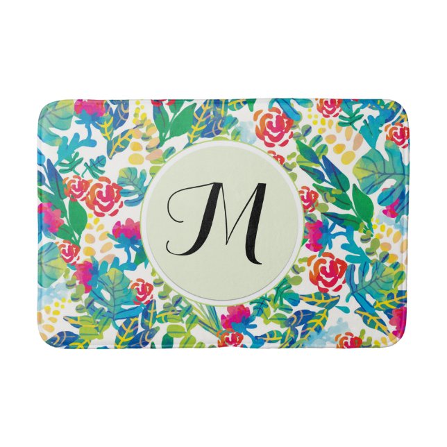 Jungle Watercolor Flowers Floral Fine Monogram Bath Mat (Front)