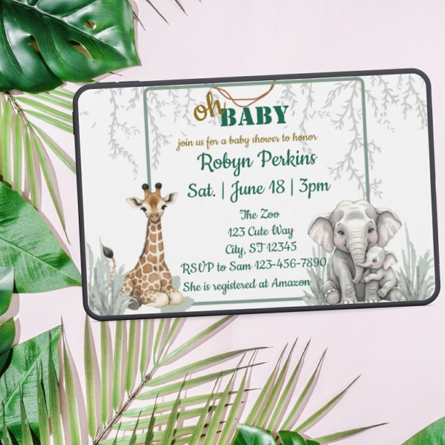 Jungle Watercolor Giraffe Elephant baby shower Invitation (Creator Uploaded)