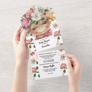 Jungle watercolor monkey gender neutral shower all in one invitation