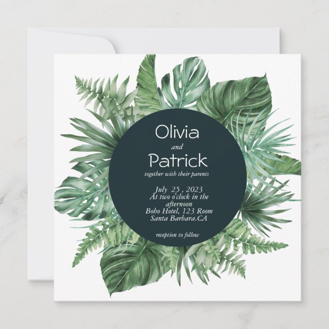 Jungle watercolor tropical green leaves invitation (Front)