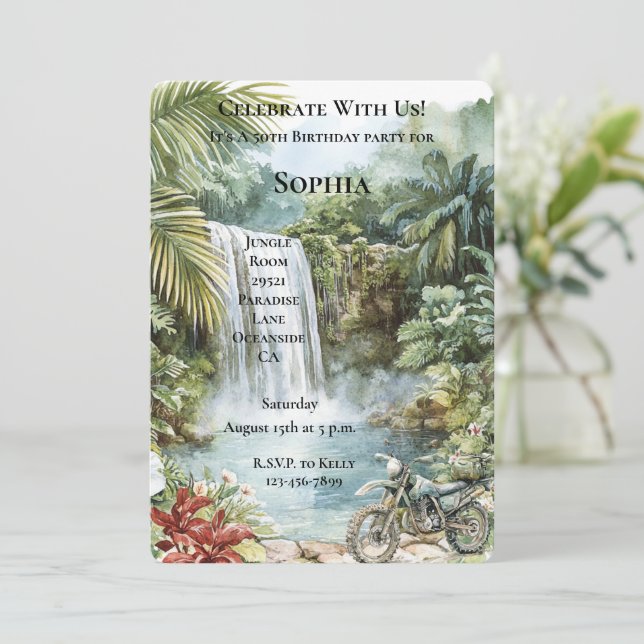 Jungle Waterfall Tropical Motorcycle Birthday   Invitation (Standing Front)