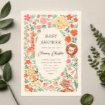 Jungle Wild Animal Tropical Baby Shower Invitation<br><div class="desc">Jungle Animal Baby Shower Invitation featuring illustrations of a lion,  giraffe,  cheetah,  tiger and elephant.
Cute safari animals with colourful tropical flowers on a beige background
The back is a matching floral pattern.</div>