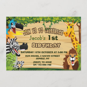 Jungle Wild Animals First Birthday Invitation