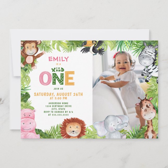 Jungle Wild One Girl 1st Birthday Photo Invitation (Front)