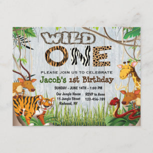 Jungle Wild One Safari Animals First Birthday Invitation
